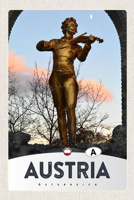 Blechschild 18x12 cm Österreich Skulptur Mann Geige Gold