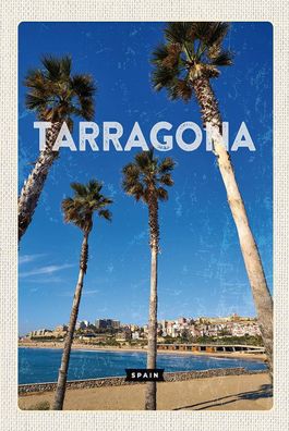 Holzschild Holzbild 18x12 cm Tarragona Spanien Palmen mit Meerblick