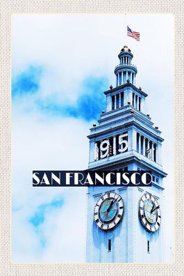 Holzschild 18x12 cm - San Francisco Gebäude Usa Flagge Turm