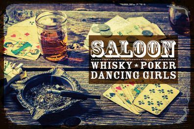 Holzschild Holzbild 18x12 cm Saloon Whisky Poker Dancing girls
