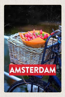 Holzschild 18x12 cm - Retro Amsterdam Tulpen Fahrrad