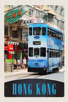 Holzschild Holzbild 18x12 cm Hong Kong Straßenbahn Stadt City Asien