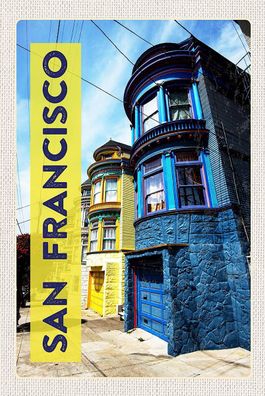 Holzschild 18x12 cm - San Francisco Amerika Häuser Blau Gelb