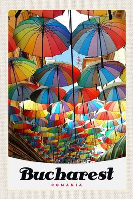 Holzschild 18x12 cm - Bukarest Rumänien Regenschirm bunt