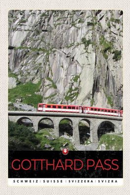 Holzschild 18x12 cm - Gotthard Pass Schweiz rote Lokomotive