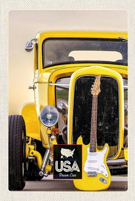 Holzschild Holzbild 18x12 cm Amerika Oldtimer gelb Auto Gitarre