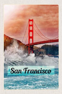 Holzschild 18x12 cm - San Francisco Wellen Meer Brücke
