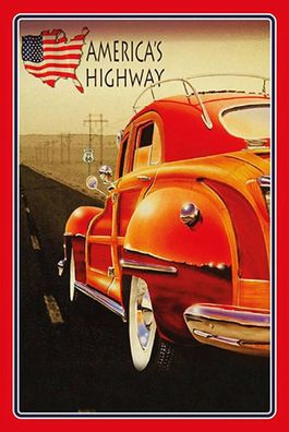 Holzschild Holzbild 18x12 cm Auto Oldtimer america´s highway USA