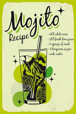 Holzschild Holzbild 18x12 cm Mojito Cocktail Recipe drink
