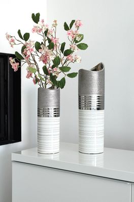 GILDE Vase, "Lavena", gestreift, Keramik, grau, weiß, , L. 11 cm, B. 11 cm, H. 34 ...