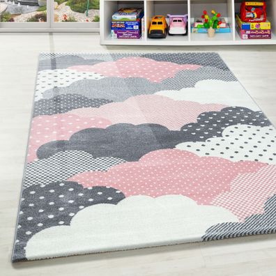 Kinderteppich Wolken Muster Linien Punkte Kinderzimmer Teppich Pink Grau Weiß