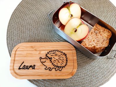 personalisierte Brotdose Kinder Lunchbox Edelstahl Holzdeckel Wunschmotiv Tiere