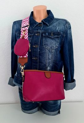 Umhängetasche Schultertasche Cross Body Bag Kunstleder bunter Gurt Pink/ Braun