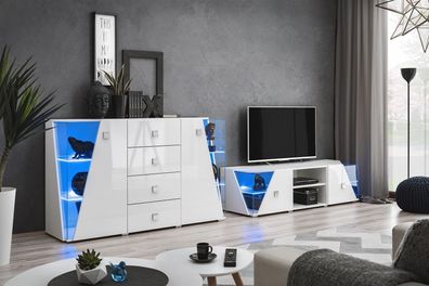 Weiß TV-Ständer Möbel Garnitur Kommode Wohnwand Wohnzimmer Set Modern