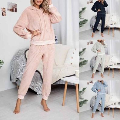Frauen Langarm Thermal Pyjama Set mit Kapuze Winter Loungewear Pink oder Blau