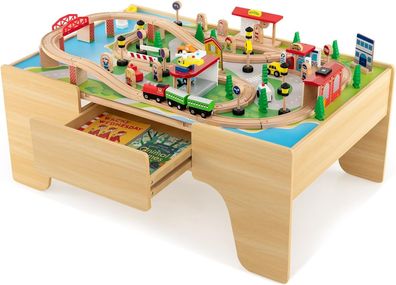 84-teiliges Kinder Eisenbahn Set, Spieltisch aus Holz, Holzeisenbahn Zug Spielzeug