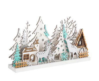 Winterlandschaft aus Holz mit 15 LED - Weihnachts Silhouette Deko Haus beleuchtet