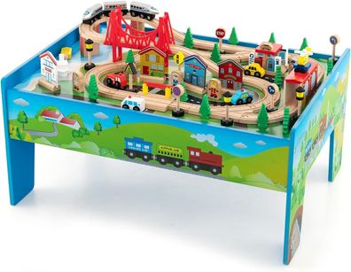 80-teiliges Kinder Eisenbahn Set, Spieltisch aus Holz, für Kinder ab 3 Jahre