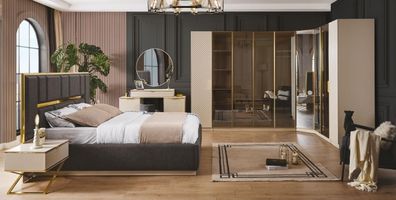 Elegant Schlafzimmer Set 6tlg luxuriös Beige Möbel Holz Eckschrank Nachttisch