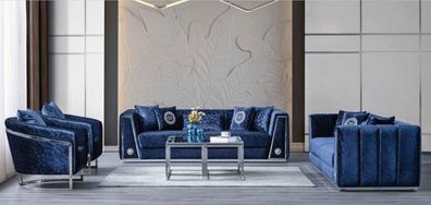 Blaues Wohnzimmer Sitz-Set Luxus Dreisitzer Sessel Polstermöbel Modern