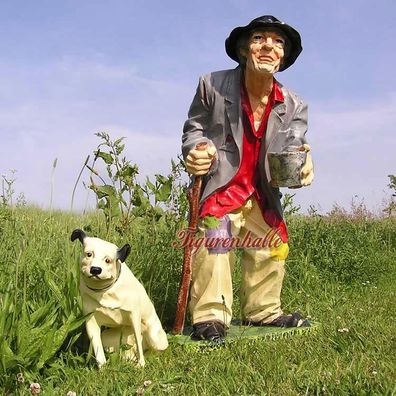 Bettler Figur Statue Skulptur Penner Landstreicher Deko Wanderer Gartenfigur mit Hund