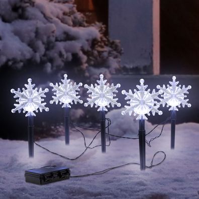 5 Stück LED-Gartenleuchtstäbe kaltweiß Schneeflocke Weihnachtsdeko Timerfunktion