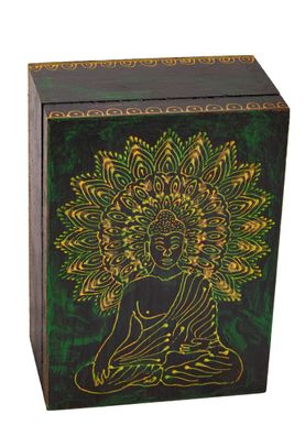 Holzbox BUDDHA grün 17,5-12,5-7,5 cm Handbemalt Holzkiste Schatulle Altarkästchen