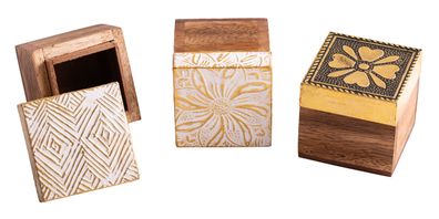 3er Set Holzboxen Mangoholz gold 5 x 5 x 5 cm Handgeschnitzt Holzdöschen