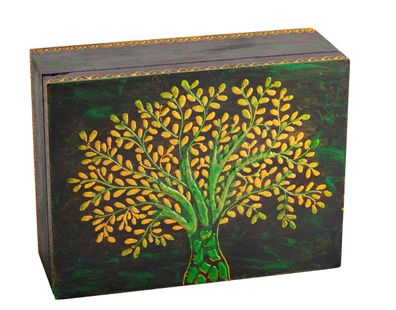 Holzbox BAUM DES LEBENS grün 20 x 15 x 8 cm Handbemalt Holzkiste Schatulle