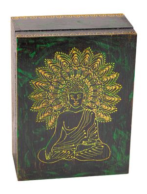 Holzbox BUDDHA grün 20 x 15 x 8 cm Handbemalt Holzkiste Schatulle Altarkästchen