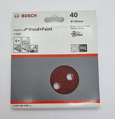 Bosch 5 Stück K40 Schleifblatt 125mm Schleifscheibe 8 Löcher 2608605640