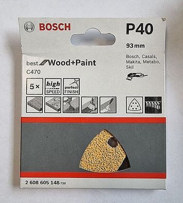 Bosch Schleifpapier 93mm K40 5 Stück für Dreieckschleifer 2608605148