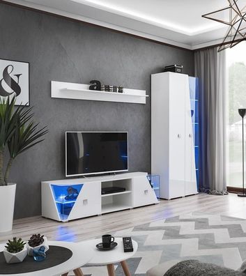 Wohnwand Garnitur TV-Ständer Vitrine Wohnzimmer Holz Möbel Weiß Luxus
