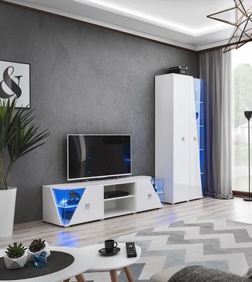 Wohnzimmer Garnitur Luxus Weiß Vitrine Wohnwand Holz Möbel TV-Ständer