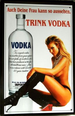 Top-Blechschild, 20 x 30 cm, sexy lady in Stiefeln, trink Vodka, Erotik, Neu, OVP