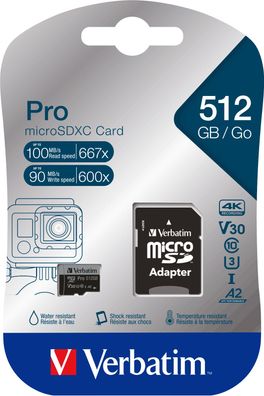 Verbatim microSDXC-Card 512GB, PRO, U3, UHS-I, 4K UHD