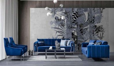 Blaue Große Wohnzimmer Sitzgarnitur Dreisitzer Sessel Zweisitzer Textil