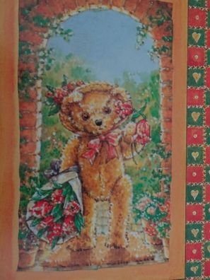 Grußkarte Teddy-Bär mit Tulpen Torbogen Strohhut neutral ohne Text