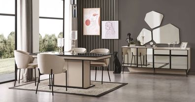 Luxus Esszimmer Set Tisch Esstisch 4x Stühle Sideboard mit Spiegel 7tlg