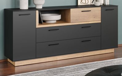 Sideboard Kommode grau und Eiche Wohnzimmer Esszimmer Schrank mit Soft-Close Synnax