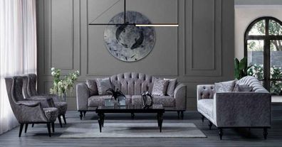 Dreisitzer Luxus Sofa Moderne Couch Wohnzimmer Textil Sofa Grau Holz