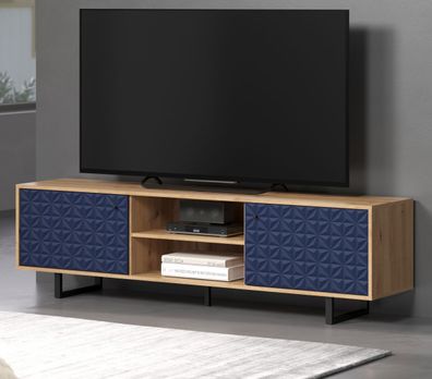 TV-Lowboard in blau matt und Eiche Flat TV Board mit 3-D Struktur Soft-Close Sentra
