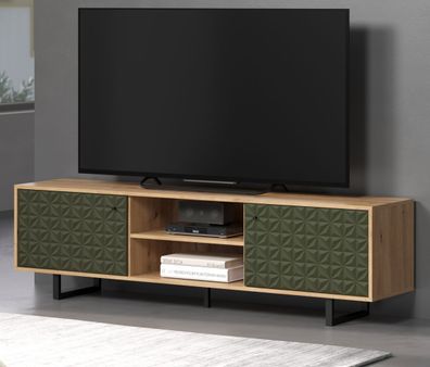 TV-Lowboard grün matt und Eiche Flat TV Unterteil mit 3-D Struktur Soft-Close Sentra