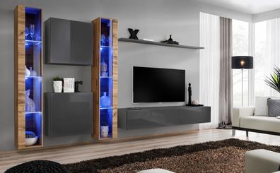 Luxus Komplett Set 6tlg Wohnwand Grau TV-Ständer Wandschrank Sideboard Modern