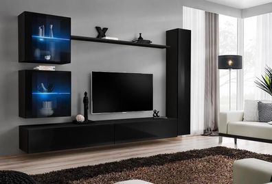 Schwarz Wohnwand Komplett Set Einrichtung Designer Möbel TV-Ständer Modern Neu