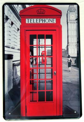 Top-Blechschild, 20 x 30 cm, London, rote Telefonzelle, Big Ben, England, Neu, OVP