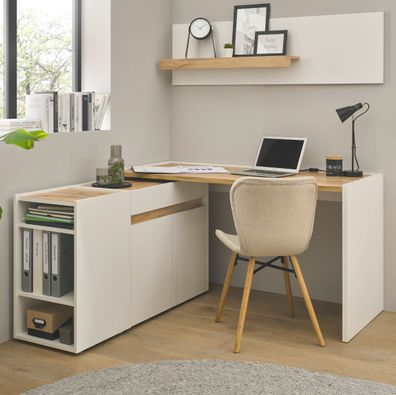 Büromöbel Set in weiß und Eiche Büro mit Schreibtisch Kommode Regal Homeoffice Center
