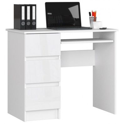 SchreibtischA6 LINKS WEISS / WEISS Hochglanz Kleiner Schreibtisch mit 4 Schubladen