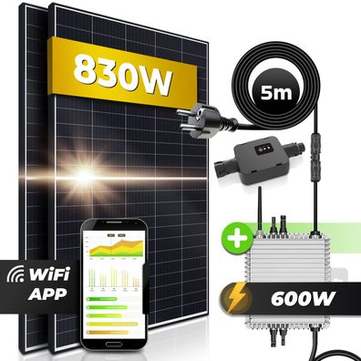 Solaranlage 830W Balkonkraftwerk Deye Wechselrichter 600W mit Wifi 5m Kabel