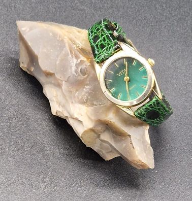 Damenuhr Armbanduhr Kroko Band grün Edelstahl Teil Vergoldung VITA Quartz